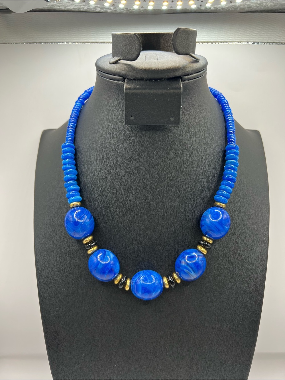 Vintage Chunky Cobalt Blue Marbled Bead Statement Necklace